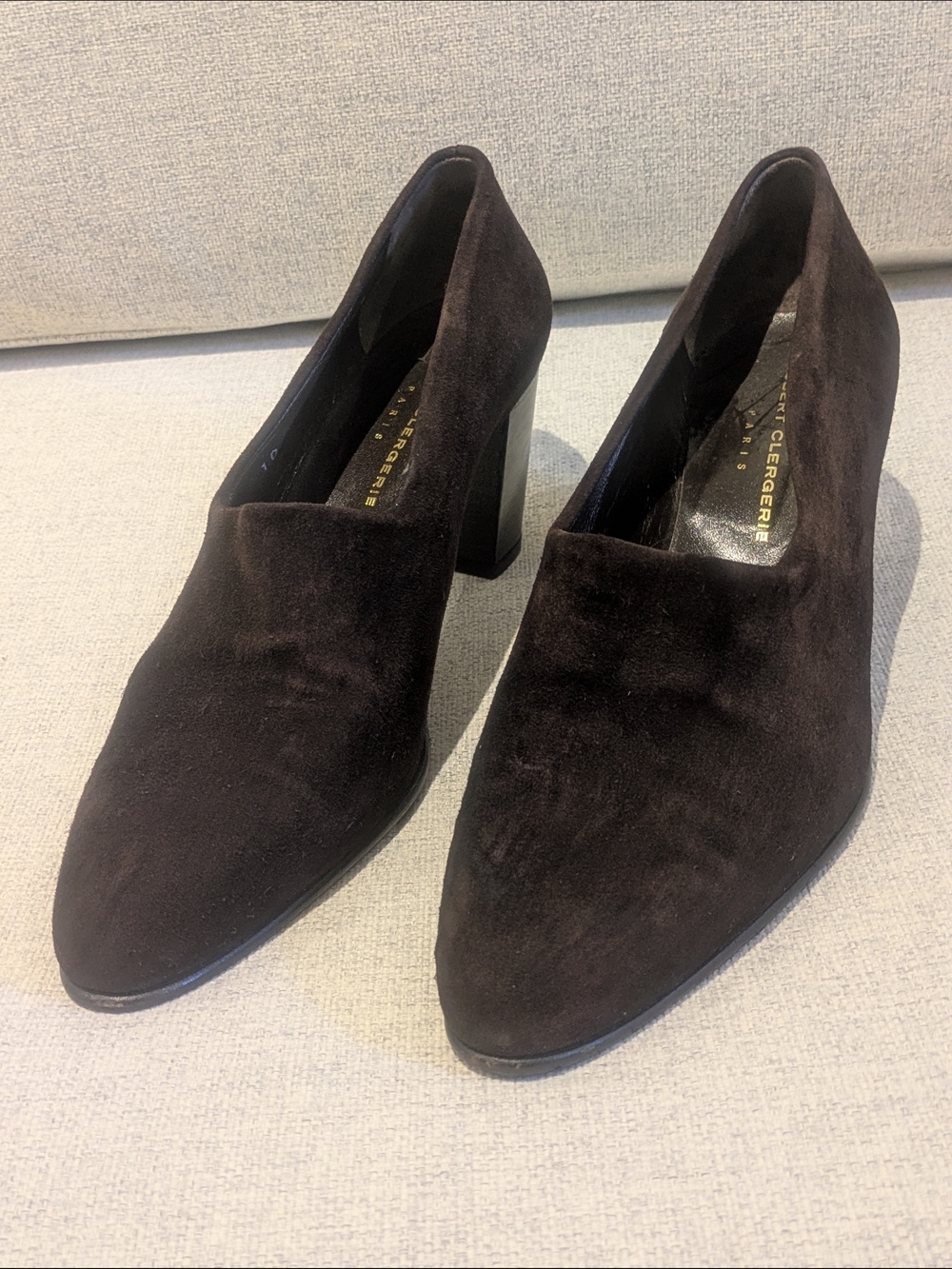 Robert Clergerie Woman Shoes Brown Suede Block Heel Pumps EU 39.5 US 9